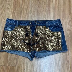 SSPARKLE.  Gold and Blue Sequin Jean Shorts with Frayed Hem